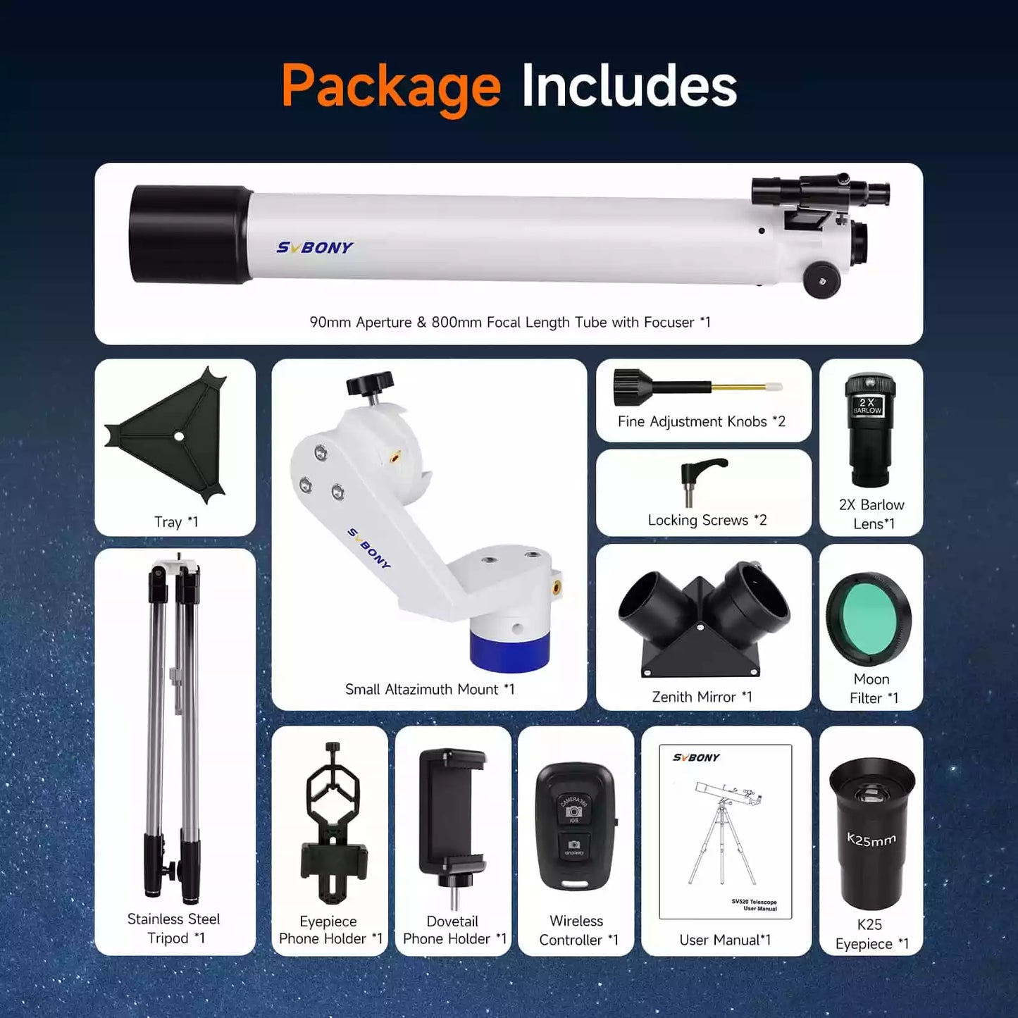 Télescope Complet SV520 90mm f/8.9 pour Débutants avec Accessoires - Svbony