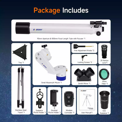 Télescope Complet SV520 90mm f/8.9 pour Débutants avec Accessoires - Svbony