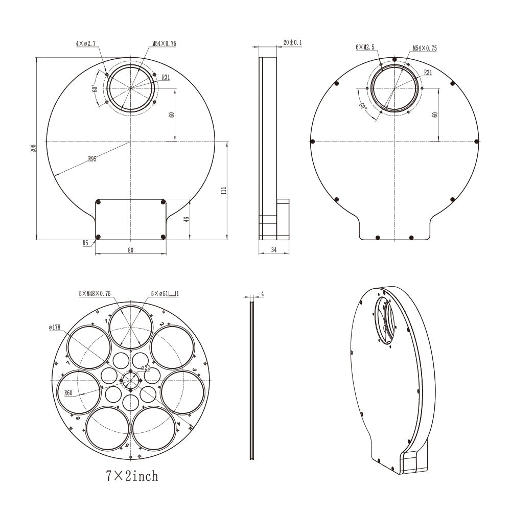 Roue à filtres électronique AFW-L 7×2″ (50,8 mm) – compatible avec caméras DSO plein cadre et autres capteurs – pour l’astronomie - ToupTek Astro
